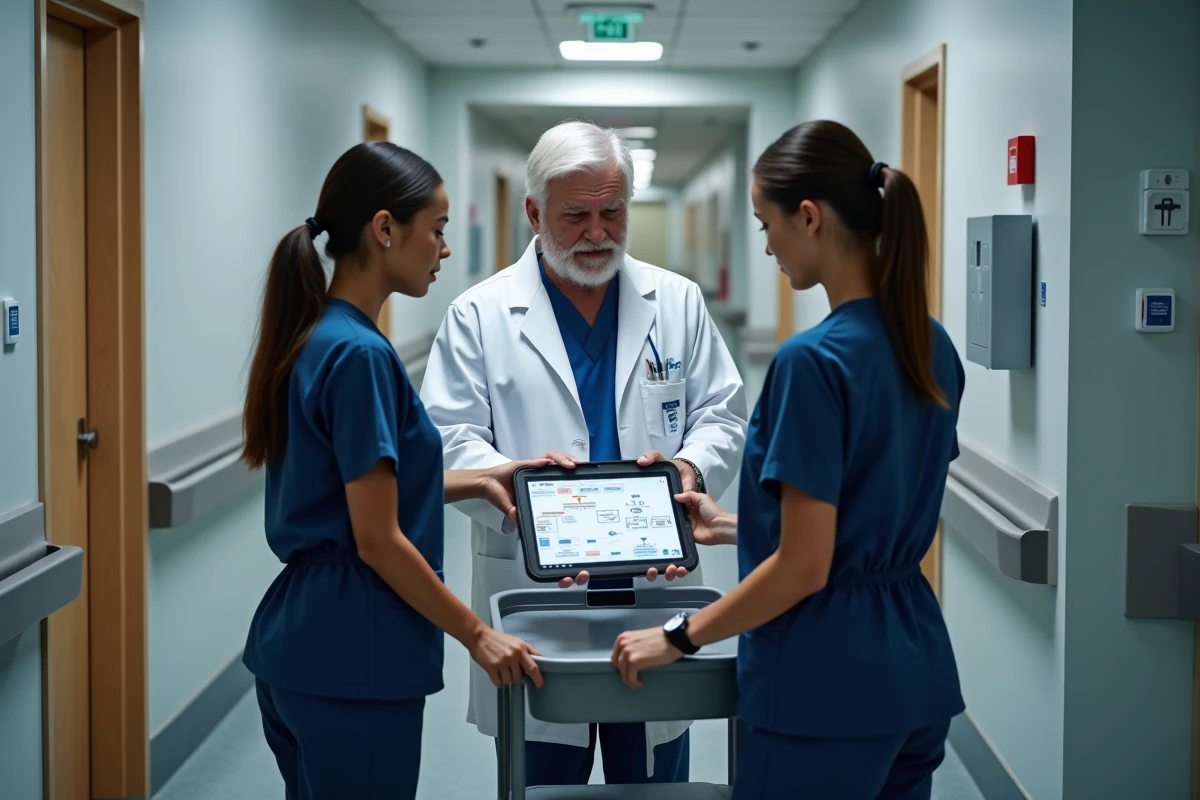 Équipe soignante consultant un tableau de bord de gestion des soins sur tablette dans un couloir d'EHPAD