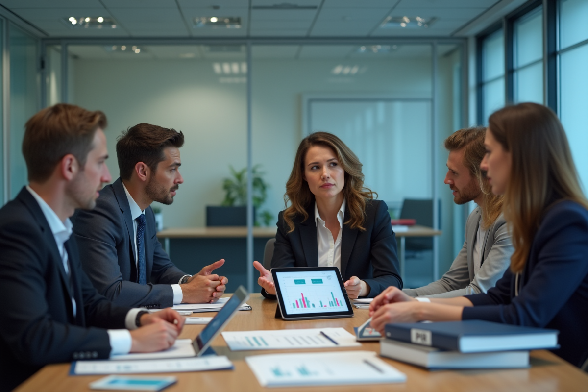 Jeune femme en réunion d équipe dans un bureau pharmaceutique