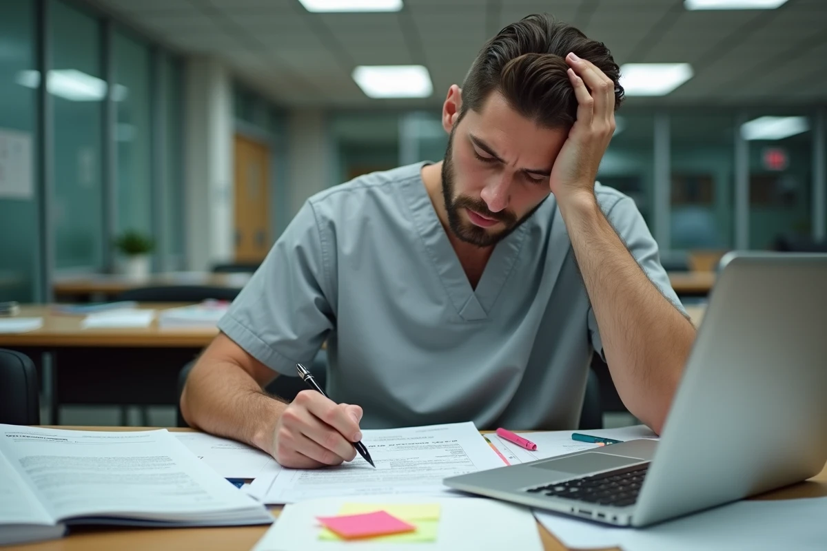 Étudiant en ergothérapie stressé révisant des formulaires d'évaluation clinique à son bureau dans une salle d'étude universitaire