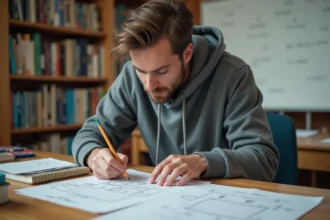 Étudiant en génie électrique annotant un schéma de circuit avec des valeurs de tension sur une table de travail universitaire