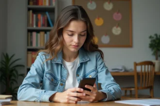 Jeune étudiante consultant l'application CPAM sur son smartphone dans son appartement d'étudiant