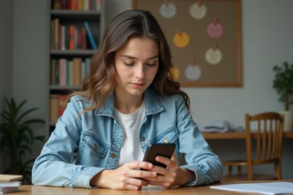 Jeune étudiante consultant l'application CPAM sur son smartphone dans son appartement d'étudiant