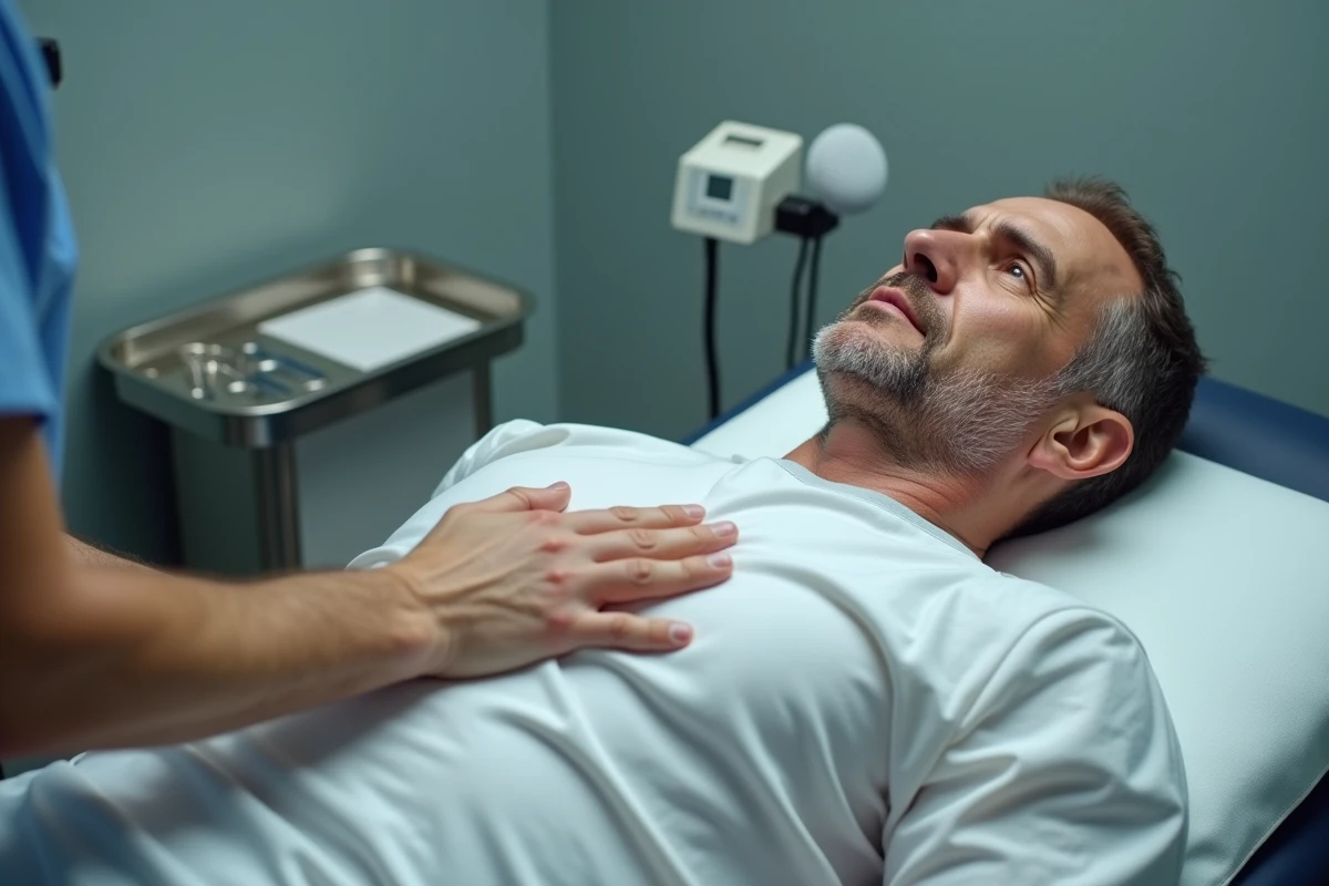 Médecin palpant la région de la côte flottante d'un patient lors d'un examen clinique pour diagnostiquer une douleur persistante
