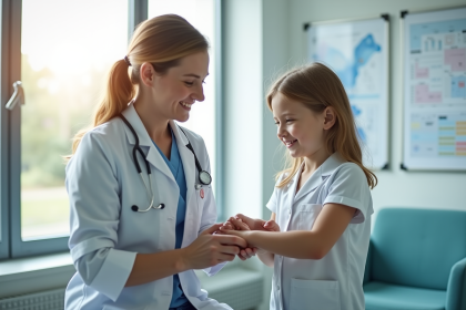 Dermatologue examinant un enfant dans une clinique lumineuse
