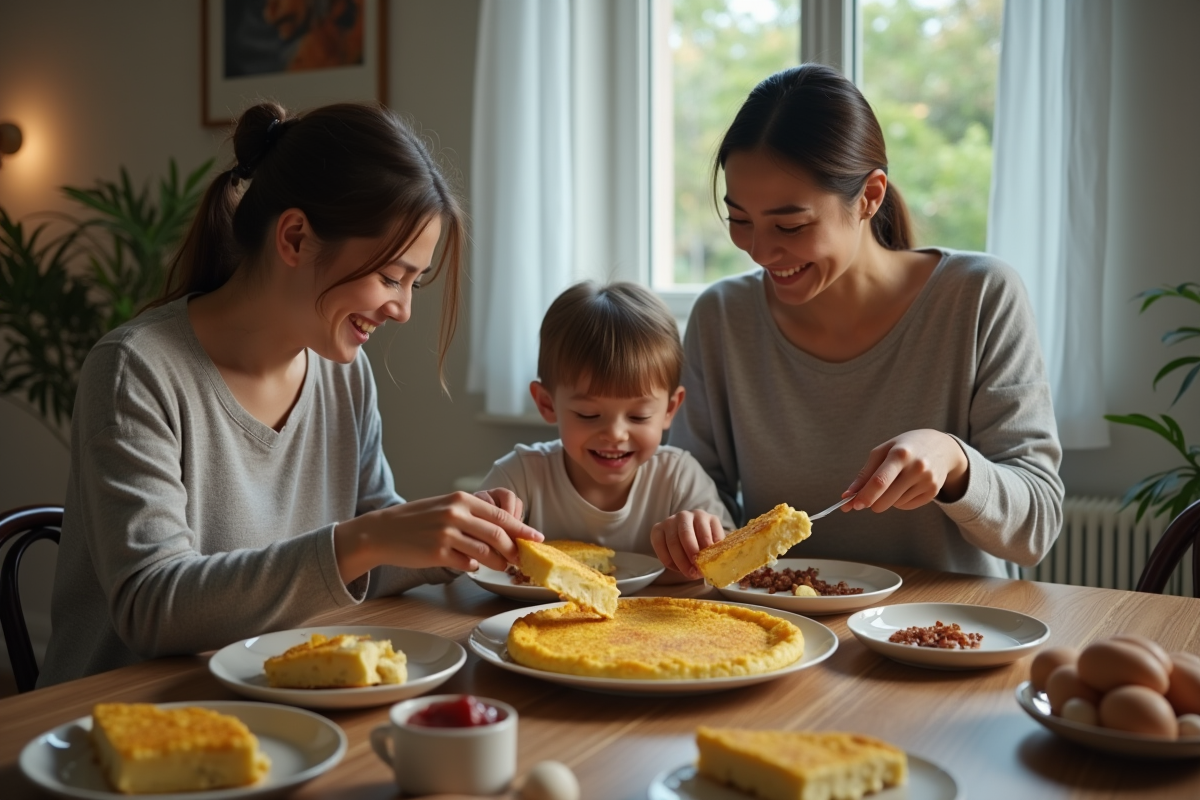 Famille partageant un repas d omelette dans la salle à manger
