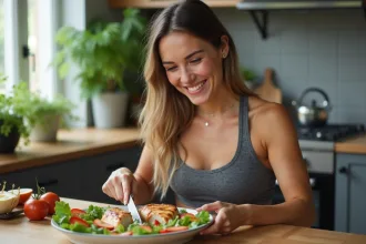 Femme en tenue de sport préparant une salade avec poulet grillé