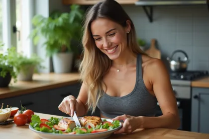 Femme en tenue de sport préparant une salade avec poulet grillé