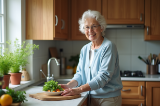 Femme agee en cuisine préparant un repas sain