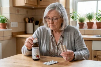 Femme âgée lisant attentivement l'étiquette d'un complément à base de plantes tout en tenant ses médicaments contre l'arthrose