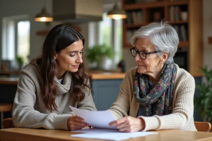 Femme agee avec sa fille examine des papiers médicaux