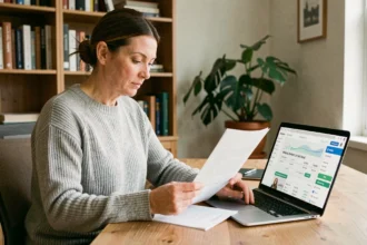 Femme analysant le rapport qualité-prix d'un programme de bien-être Reborn21 à son bureau à domicile