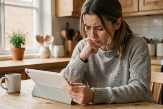 Femme lisant des avis sur une tablette dans sa cuisine, cherchant à évaluer un complément alimentaire contre le cortisol
