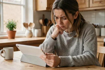 Femme lisant des avis sur une tablette dans sa cuisine, cherchant à évaluer un complément alimentaire contre le cortisol