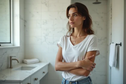 Femme dans une salle de bain moderne se touchant l'aisselle