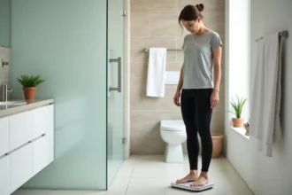 Femme adulte debout sur une balance numérique dans une salle de bain moderne, regardant son poids avec une expression sereine et réfléchie