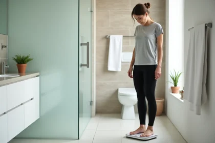 Femme adulte debout sur une balance numérique dans une salle de bain moderne, regardant son poids avec une expression sereine et réfléchie
