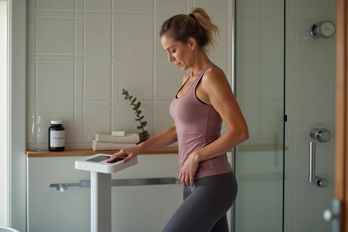 Femme debout sur une balance dans une salle de bain tenant compte des résultats réels d'un complément minceur