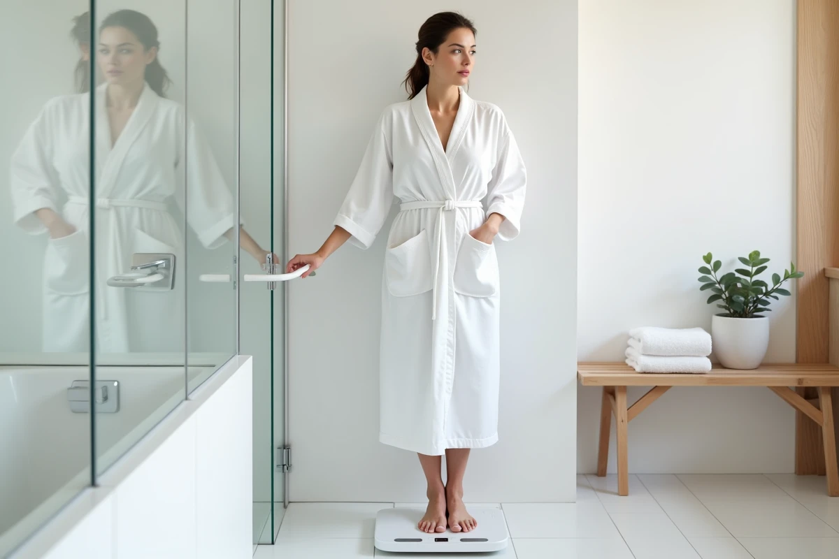 Femme se pesant sur une balance dans une salle de bain pour suivre sa perte de poids d'un kilo par semaine