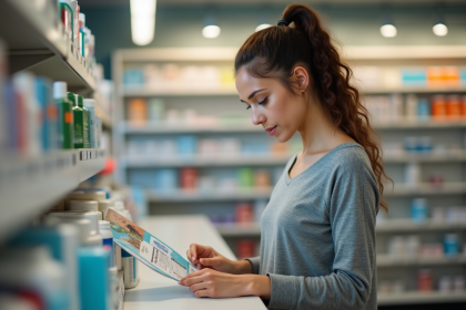 Femme en activewear consulte brochures de santé en pharmacie
