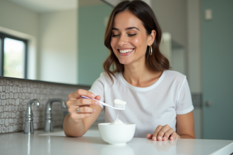 Femme souriante utilisant une brosse à dents dans la salle de bain