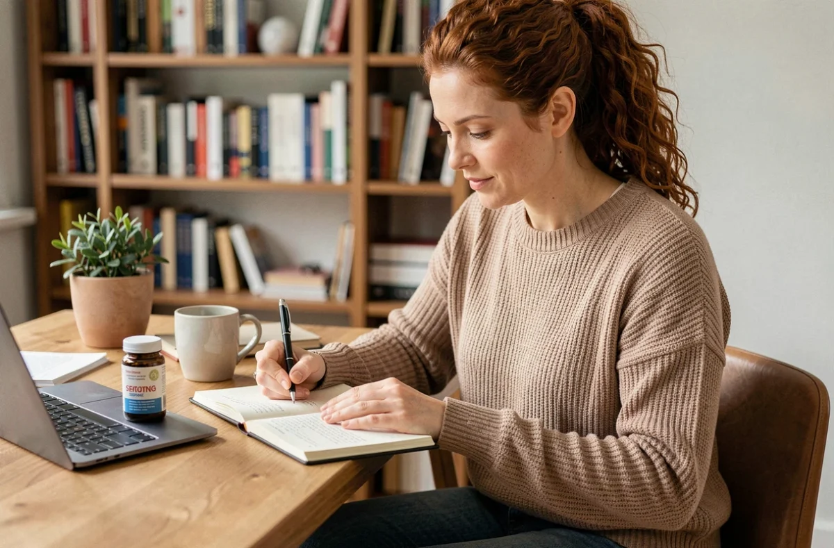 Femme active aux cheveux bouclés consultant des compléments alimentaires à son bureau à domicile, prenant des notes dans un journal, illustrant la gestion de la santé au quotidien