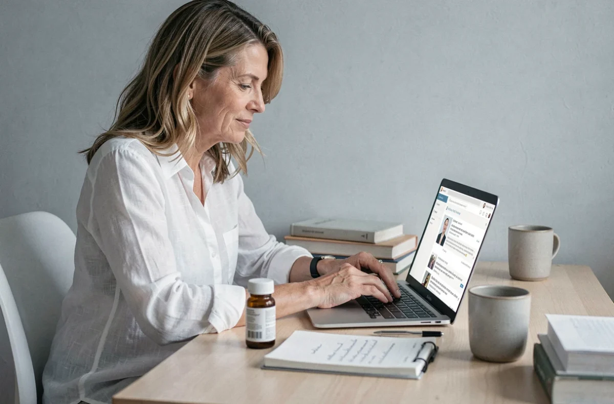 Femme au bureau comparant des avis en ligne sur un complément alimentaire au cortisol avec un carnet de notes