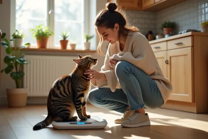 Femme mesurant un chat tacheté dans la cuisine lumineuse