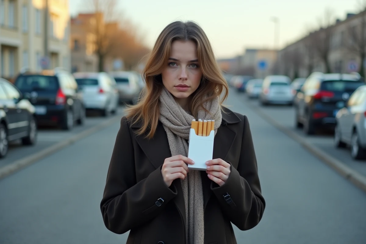 Jeune femme avec cigarette dans un parking européen