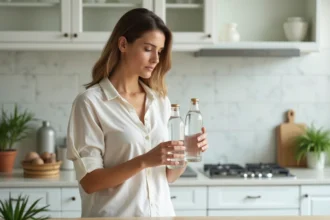 Femme comparant deux bouteilles d'eau minérale Saint-Antonin et Hépar pour soulager la constipation
