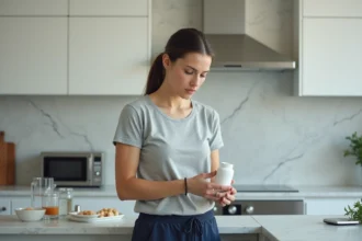 Femme lisant l'étiquette d'un complément alimentaire Lumilean dans une cuisine moderne avec une expression dubitative