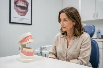 Femme d'une quarantaine d'années discutant avec son dentiste des alternatives à l'implant dentaire lors d'une consultation