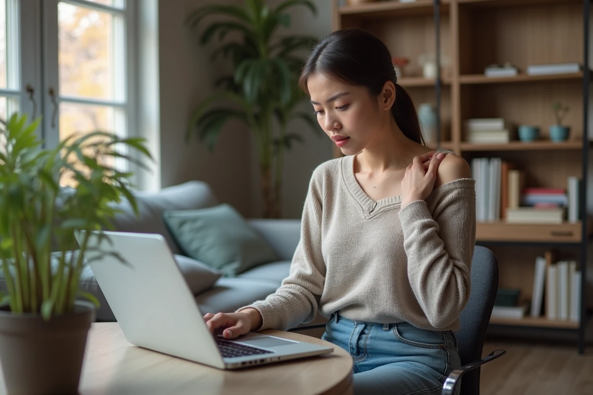 Femme en ligne consulte un physiotherapeute à domicile