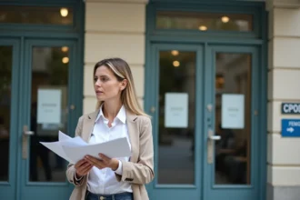 Femme d'affaires vérifiant un panneau CPAM à Nanterre