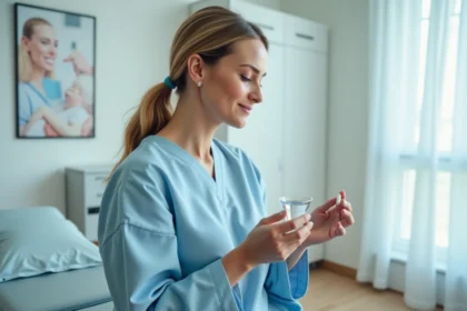 Femme tenant un comprimé de cortisone dans une salle d'examen médical, illustrant le délai d'action du traitement pour l'allergie