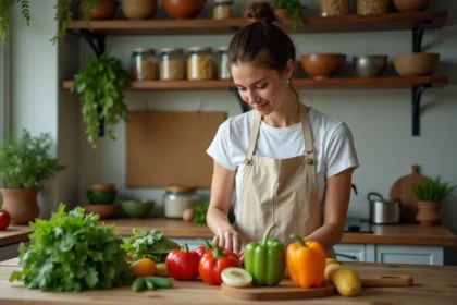 Femme préparant des légumes frais et des légumineuses dans une cuisine modeste pour un repas minceur économique
