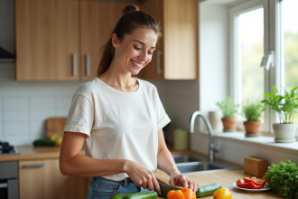 Jeune femme coupant des légumes frais dans la cuisine moderne