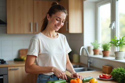 Jeune femme coupant des légumes frais dans la cuisine moderne