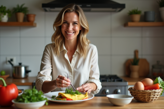 Femme souriante garnissant une omelette aux légumes dans la cuisine