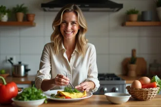 Femme souriante garnissant une omelette aux légumes dans la cuisine
