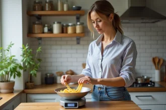 Femme mesurant des pâtes dans sa cuisine chaleureuse