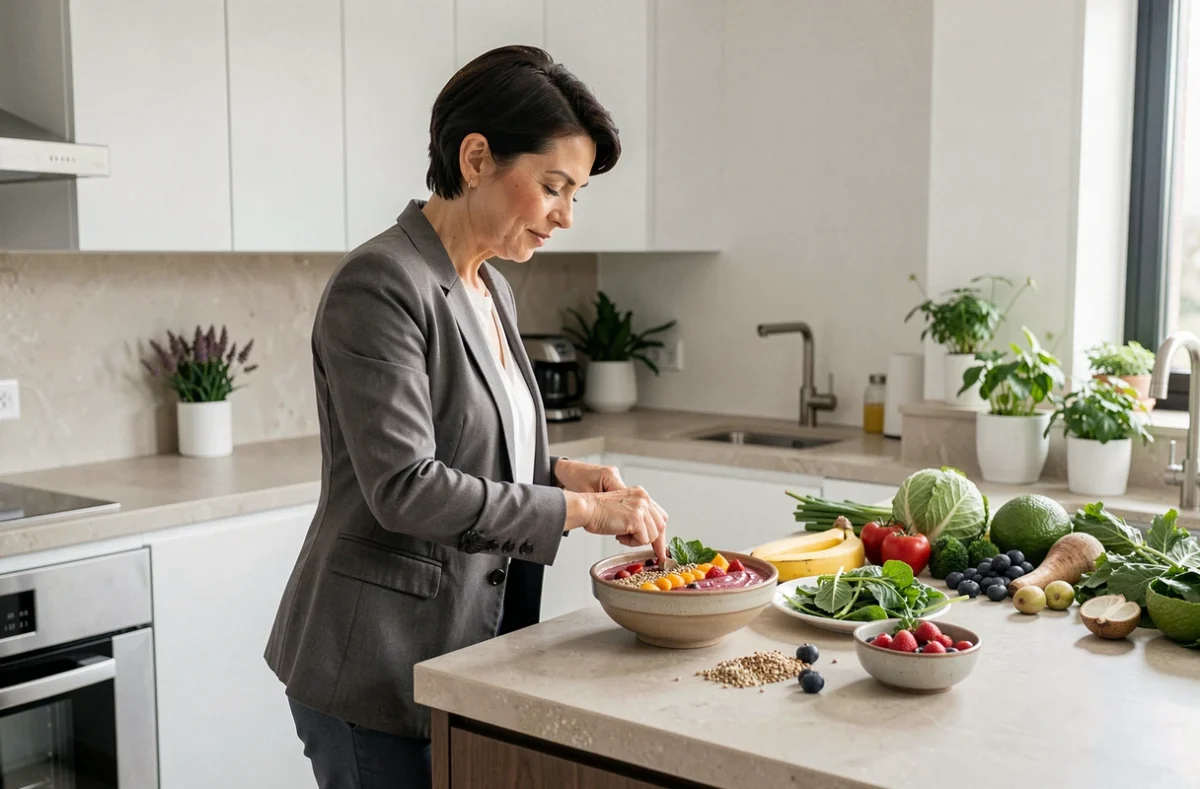 Femme d'une quarantaine d'années en tenue professionnelle préparant un bol de smoothie nutritif dans une cuisine moderne, symbole de nutrition et d'énergie pour les femmes actives