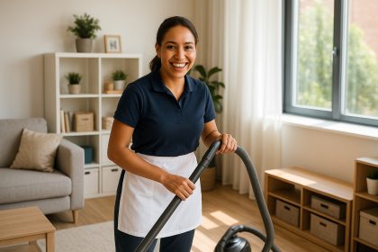 Femme de ménage souriante nettoyant un salon moderne lumineux