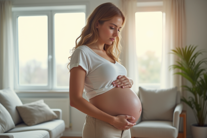 Femme enceinte de cinq mois touchant son ventre dans un salon lumineux