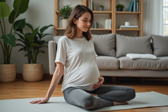 Femme enceinte pratiquant des exercices de stretching doux à la maison