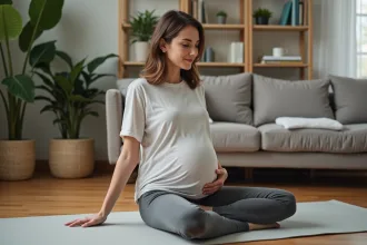 Femme enceinte pratiquant des exercices de stretching doux à la maison
