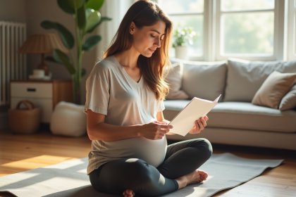 Femme enceinte lisant un dépliant dans un salon lumineux