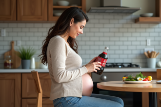 Femme enceinte lisant une étiquette de boisson gazeuse