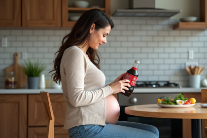 Femme enceinte lisant une étiquette de boisson gazeuse