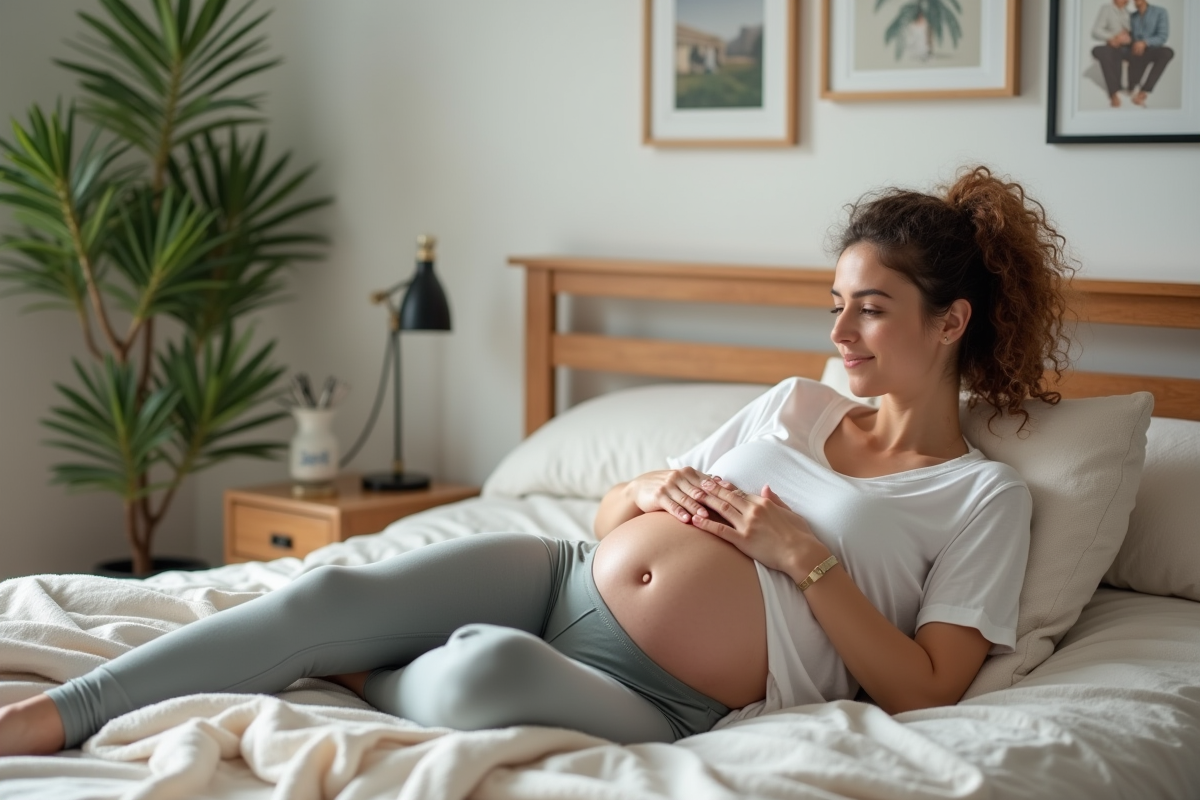 Femme enceinte allongée sur le côté dans un lit confortable