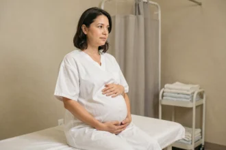 Femme enceinte en fin de grossesse assise sur une table d'examen en salle de maternité, mains posées sur le ventre, expression sereine
